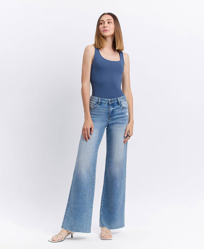 VERVET by FLYING MONKEY - MID RISE MEDIUM WASH CLEAN CUT RAW HEM WIDE JEANS T6017N