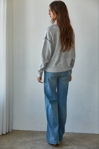 By Together - W2103 | Knit Sweater With Contrast Stitches Detail