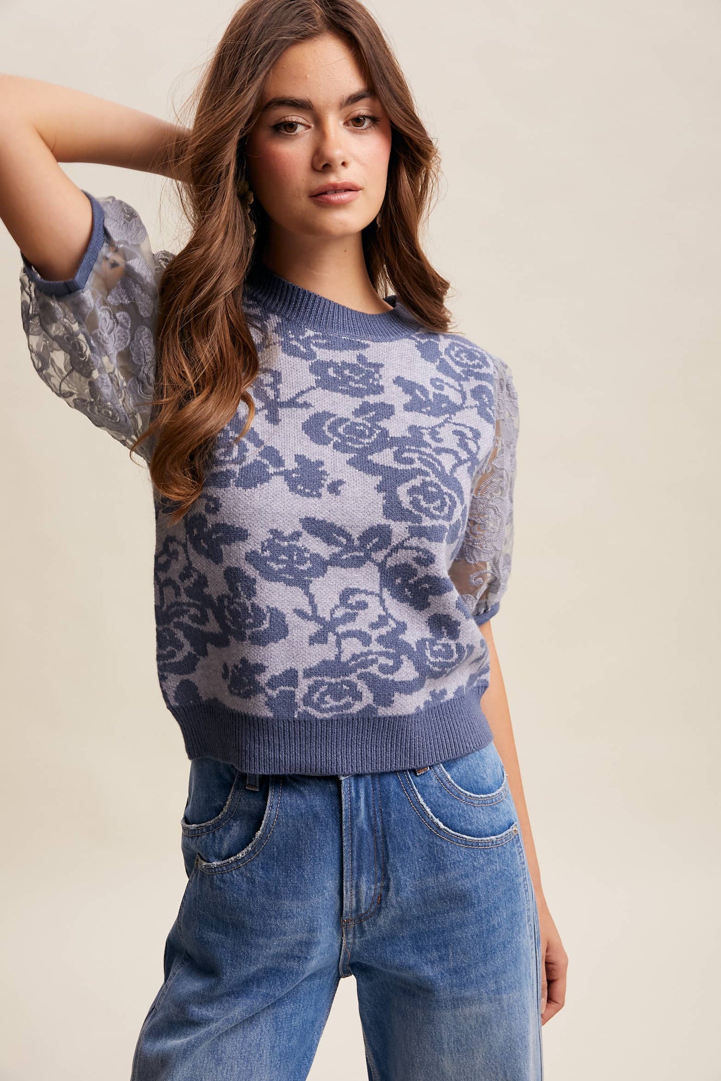 Listicle - Rose Embroidered Contrast Knit Top LSW1038