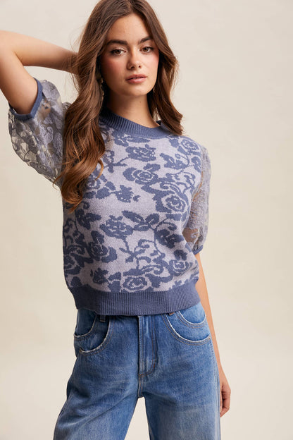 Listicle - Rose Embroidered Contrast Knit Top LSW1038
