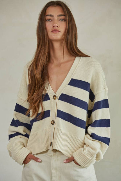 By Together - W1537 | Knit Sweater Striped Button Down Cardigan