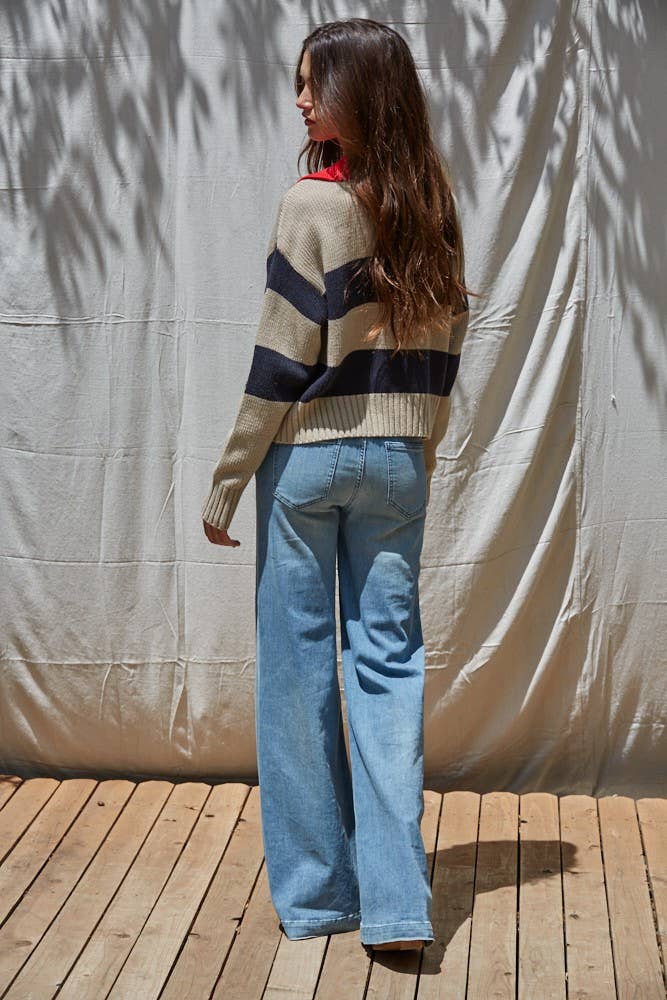 By Together - W2219 | Knit Sweater Pullover Top with Contrast Collar