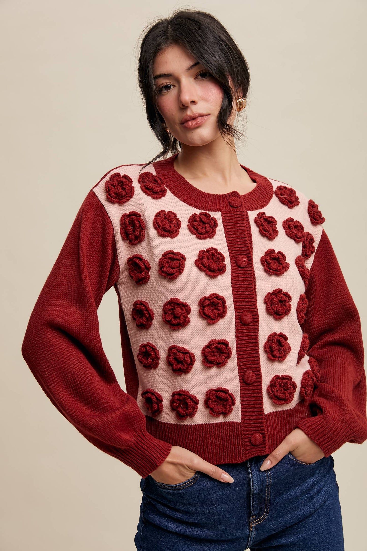 Listicle - Handmade Rose Applique Knit Cardigan