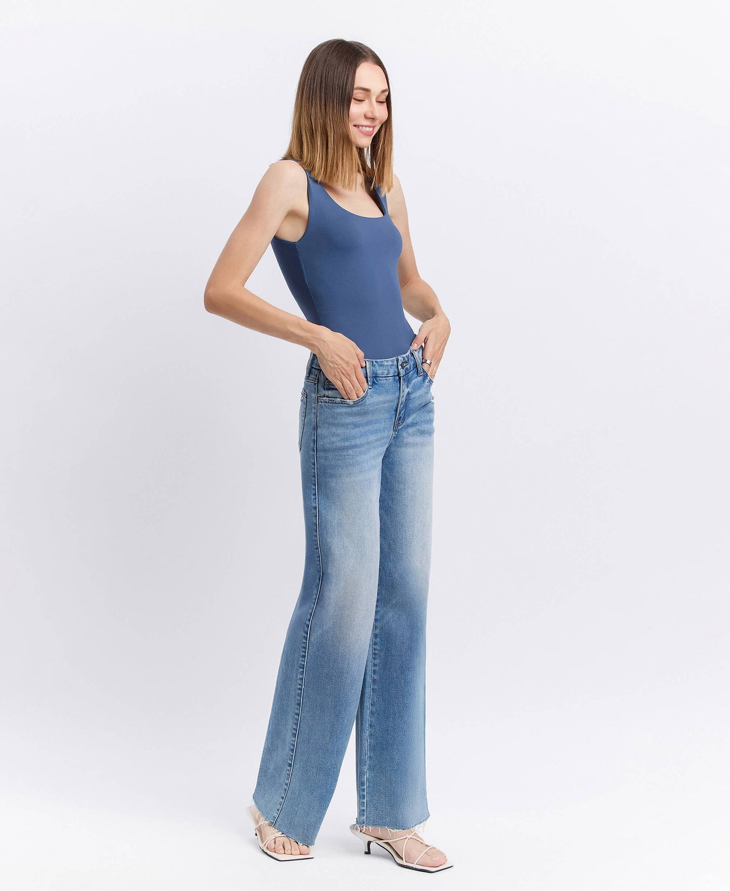 VERVET by FLYING MONKEY - MID RISE MEDIUM WASH CLEAN CUT RAW HEM WIDE JEANS T6017N
