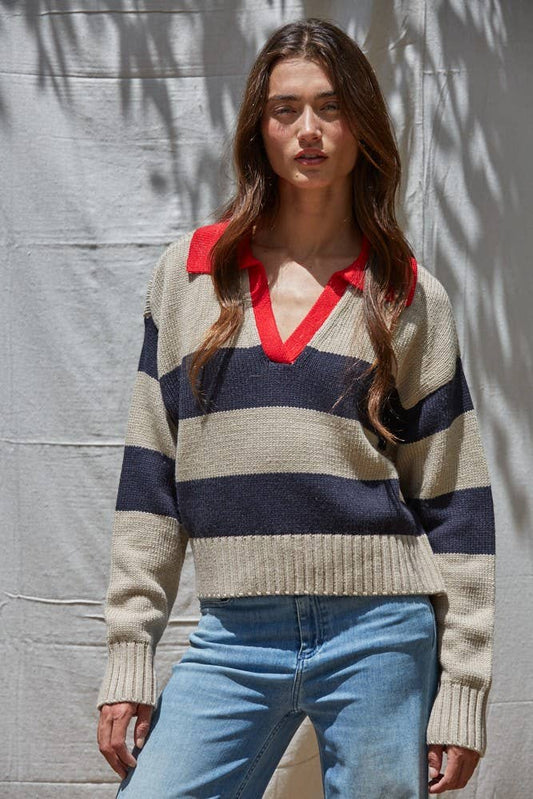 By Together - W2219 | Knit Sweater Pullover Top with Contrast Collar