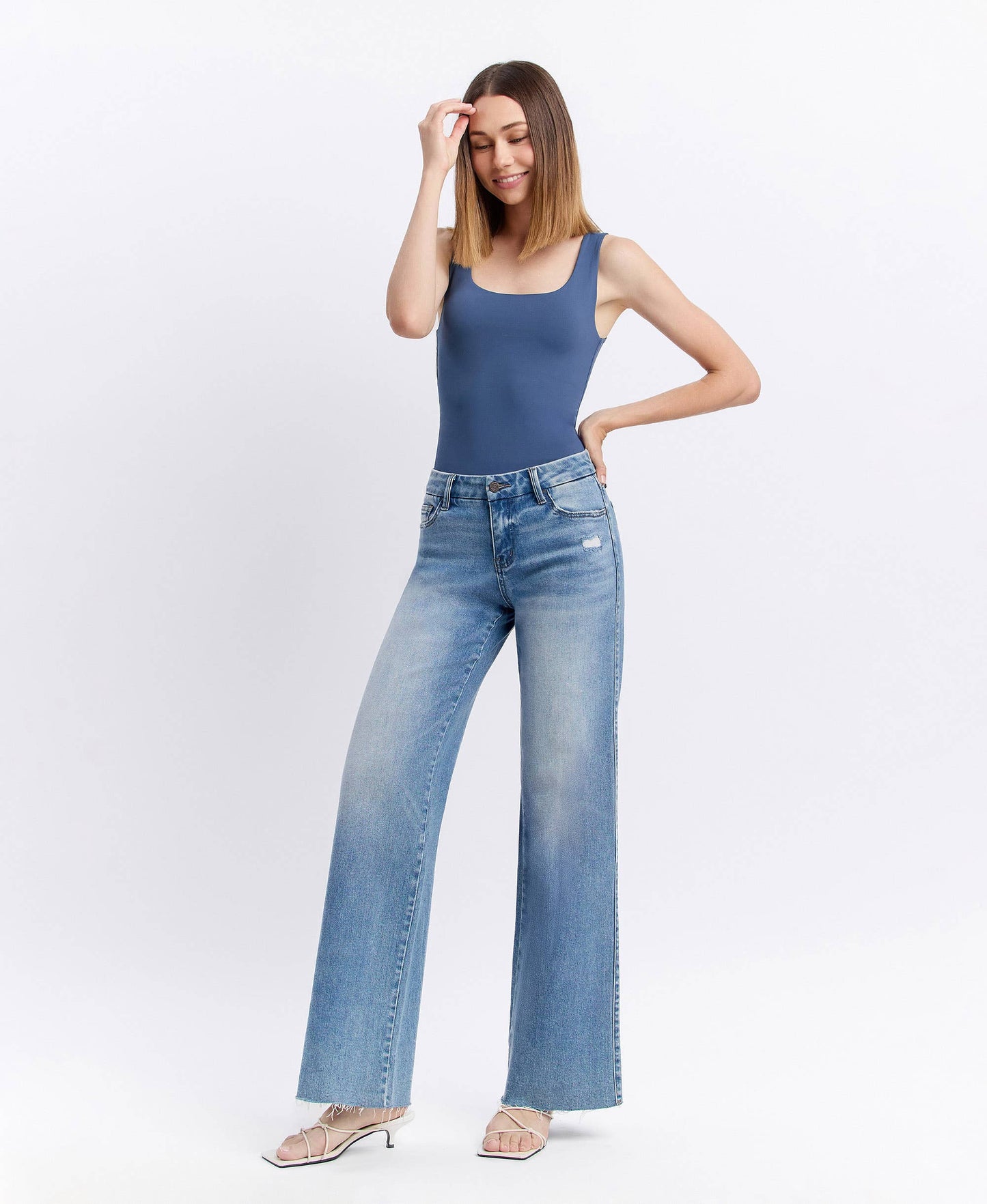 VERVET by FLYING MONKEY - MID RISE MEDIUM WASH CLEAN CUT RAW HEM WIDE JEANS T6017N
