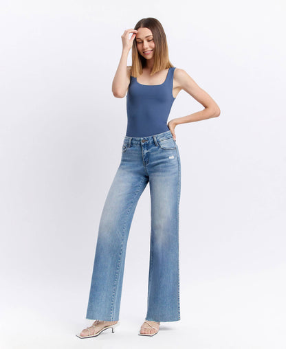 VERVET by FLYING MONKEY - MID RISE MEDIUM WASH CLEAN CUT RAW HEM WIDE JEANS T6017N