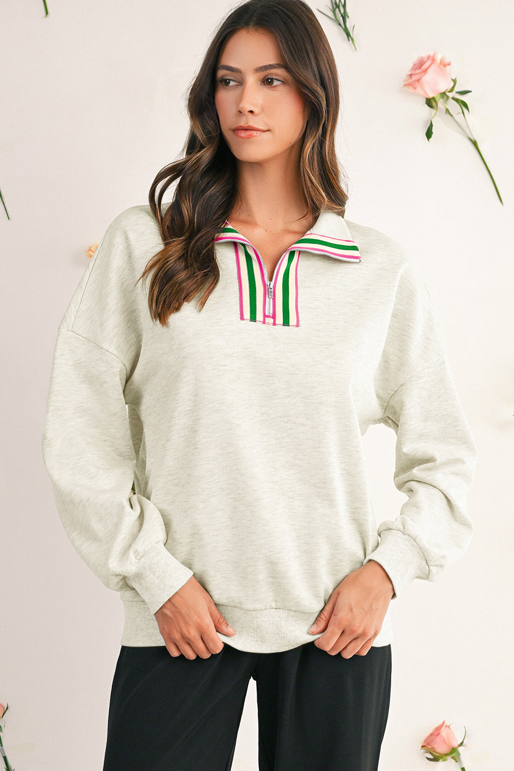 Light Grey Pop of Color Collared Patchwork Pullover Sweatshirt